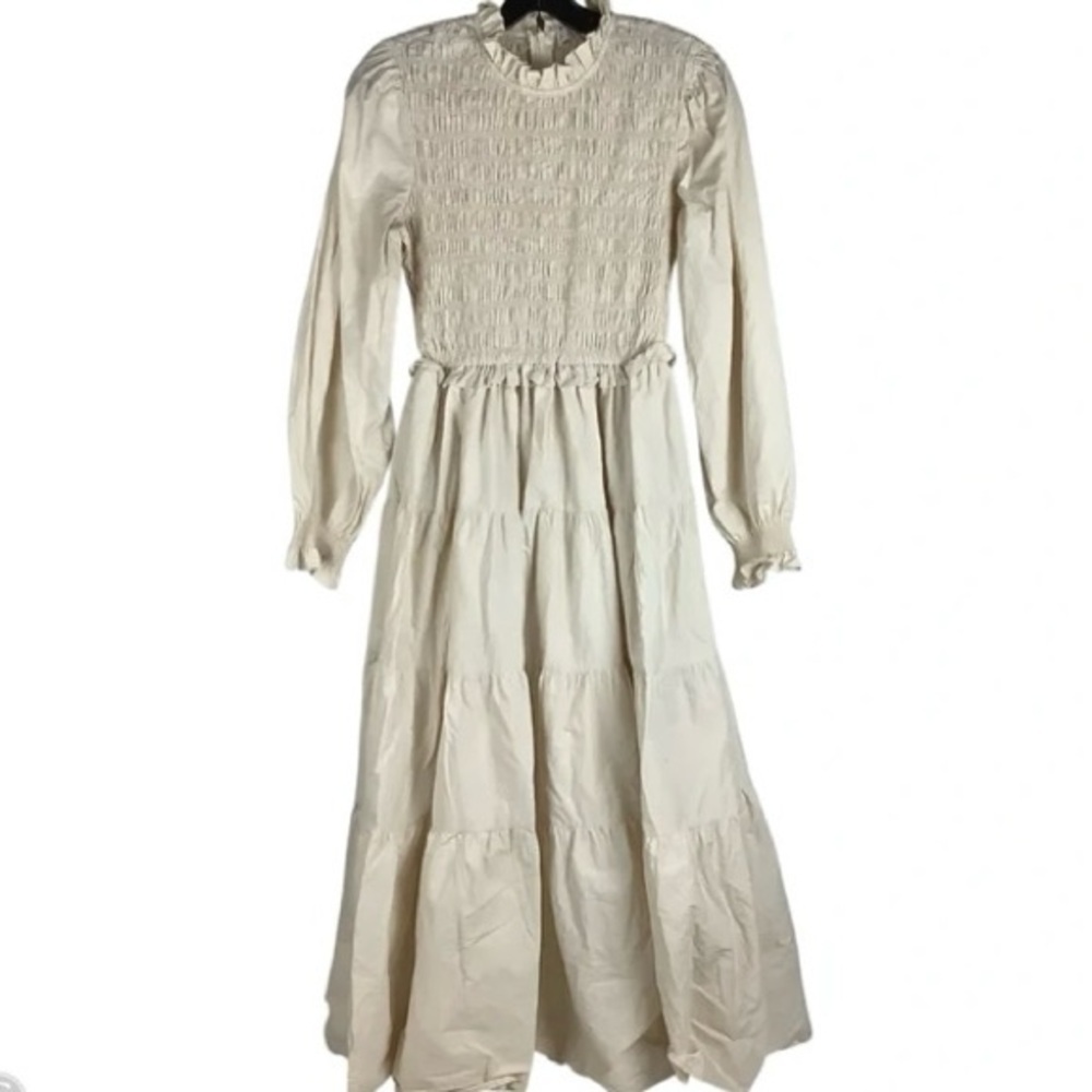 Karlie Smocked Tiered Long Sleeve Maxi DressSs M Beige - Picture 2 of 4